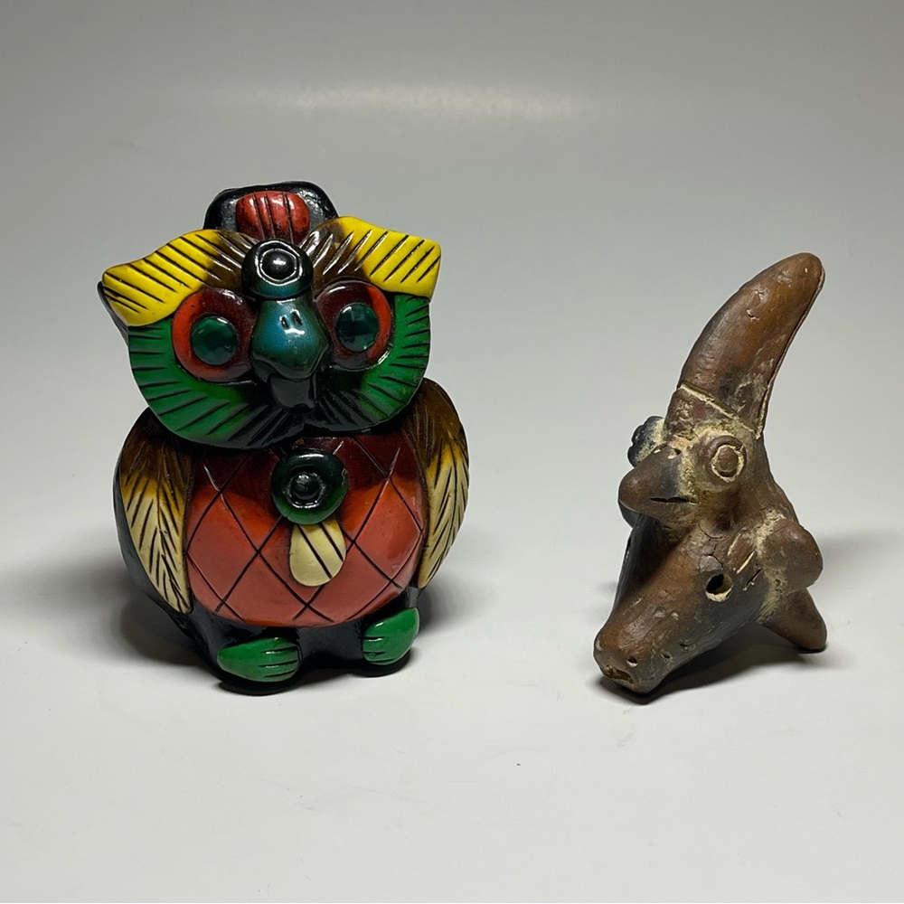 Vtg Mayan Aztec Musical Clay Bird Owl Ocarina Lot of 2 Wind Effigy Instruments
